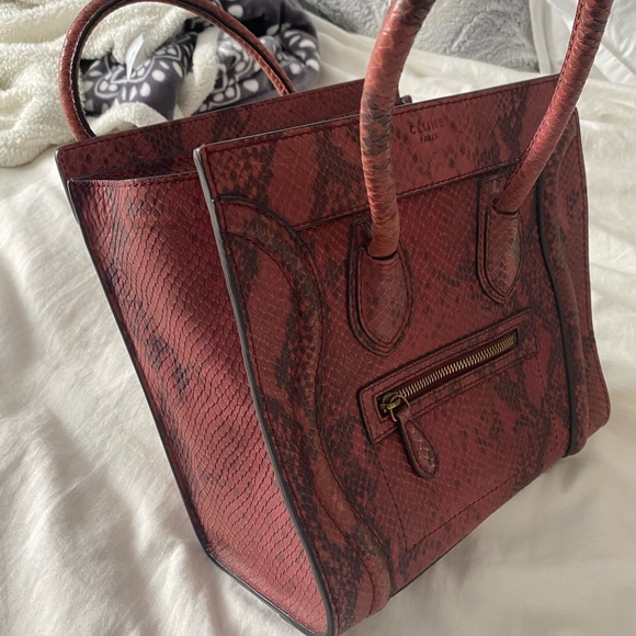 Céline Authentic Celine Burgundy Python Micro Luggage Tote Bag Red - Picture 3 of 6